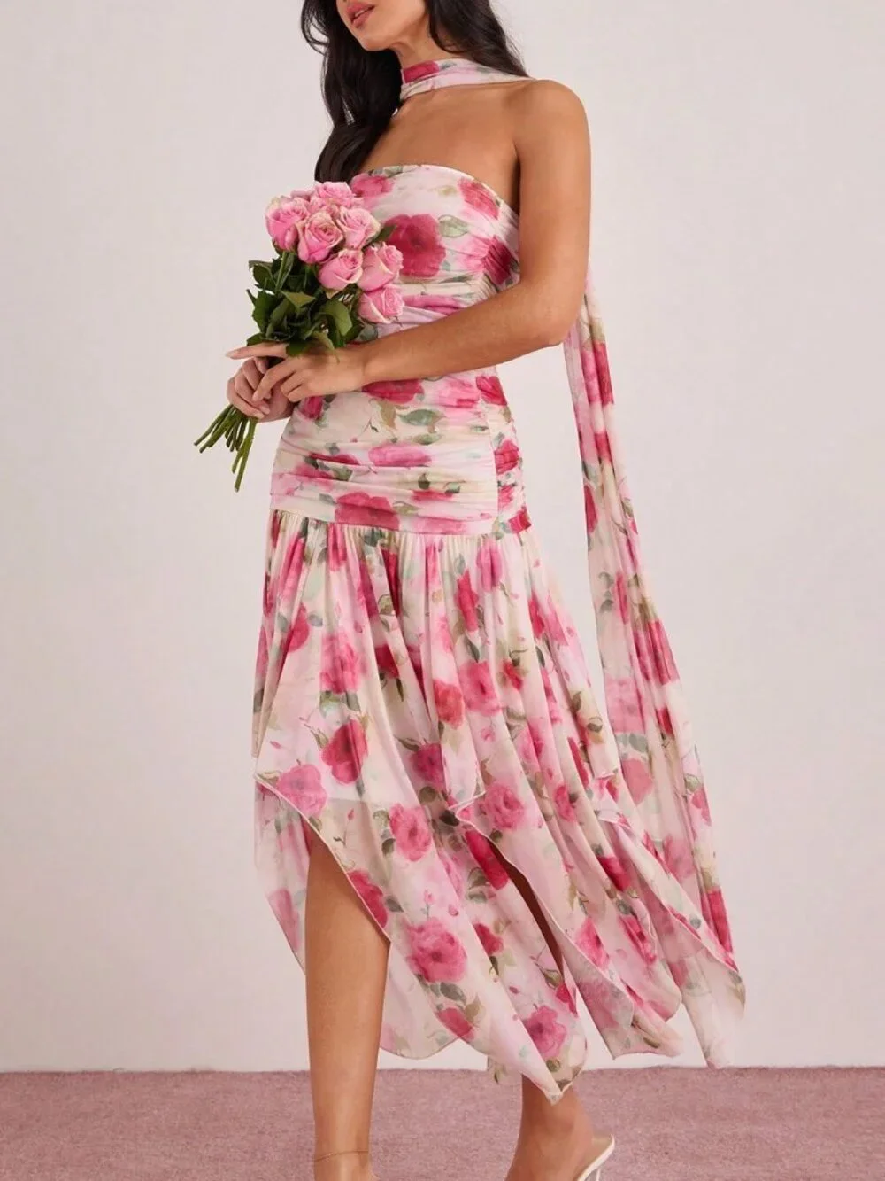 Multicolor Women's Romantic & Floral Print Ruched Fitted Maxi Tube Dress